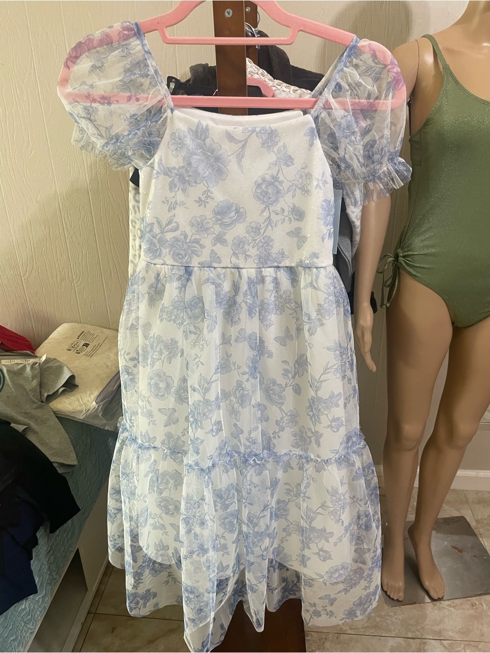 Target White Dress with Light Blue Floral Print and Puff Sleeves